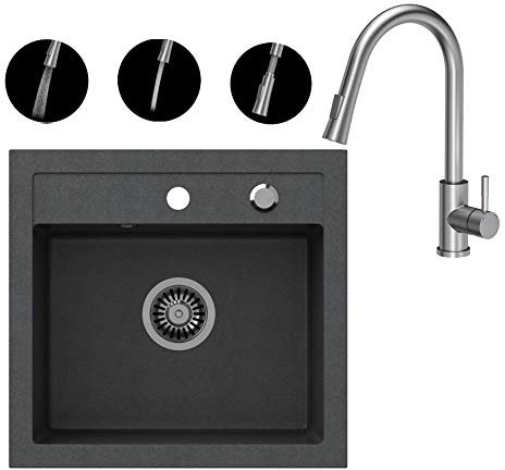 VBChome Spülbecken + Armatur 50 x 47 cm Schwarz Spüle Einzelbecken Küche Einbauspüle Verbundspüle Küchenspüle gesprenkelt flächenbündig + Siphon Waschbecken