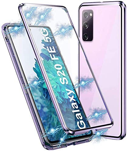 Gypsophilaa Hülle für Samsung Galaxy S20 FE 5G/4G Magnetische Adsorption Tech Handyhülle 360 Grad Schutz Starke Magneten Aluminiumrahmen Gehärtetes Glas Stoßfest Metall Flip Cover Case，Helles Lila