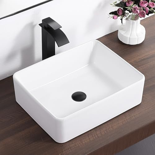 Bathroom Vessel Sink Rectangle-KARAMAG 19x15 Inch Bathroom Sink Countertop Rectangular 19 Inch Modern Above Counter White Porcelain Ceramic Vessel Vanity Sink Art Basin