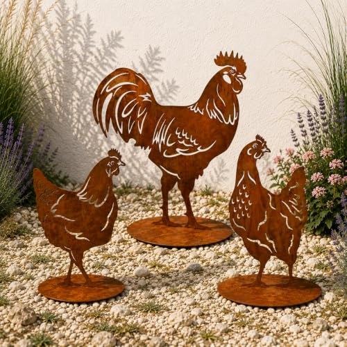 Terma Stahldesign Rostfigur Hühner 3er Set 40 cm mit Bodenplatte Edelrost Metall Gartenfigur Gartendeko Tiere Rostdeko Outdoor Handmade Germany