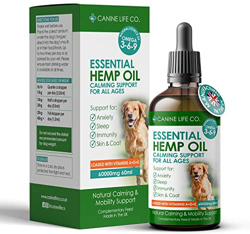 Canine Life Co.® Hemp Oil For Dogs 60ml, 60,000mg - Dog Calming Supplement - Dog Calming Drops - Omega 3,6,9 For Dogs - Supports & Maintains Healthy Joints - Made In The UK (1 Pot 60ml)