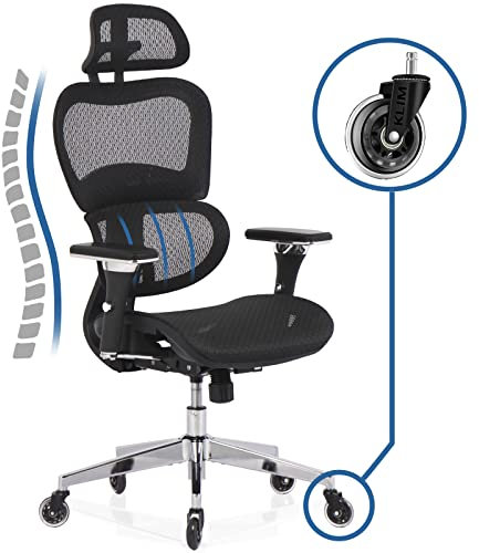KLIM K800 Ergonomischer Bürostuhl - NEU - Ergonomischer Sitz mit dynamischer Lendenwirbelstütze, Bürostuhl Ergonomisch, 4D Armlehnen und verstellbare Kopfstütze - Kratzfeste Rollen