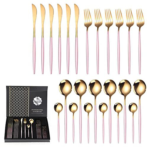 Ensemble de couverts en acier inoxydable plaqué or ensemble de 24 pièces couteau fourchette et cuillère ensemble vaisselle coffret cadeau (Pink)