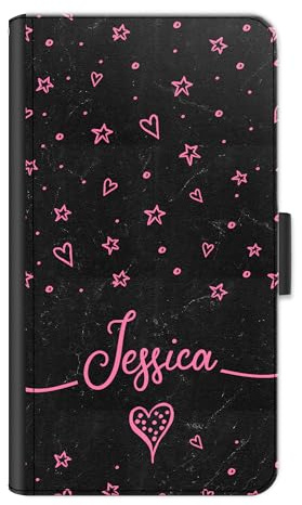 Personalised Initial Phone Case For Samsung Galaxy Phones, S24, S23, S22, S21, S20 FE, Plus, Ultra, S10, Leather Phone Case with Pink Name, Stars, Hearts, Black Marble, Side Flip Wallet Phone Cover