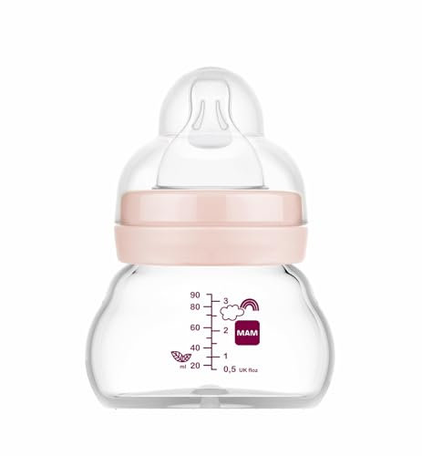 MAM Feel Good A157 Biberon in vetro con tettarella 0 brevettata SkinSoftTM Silicone ultra morbido per neonati da 0 mesi, 90 ml, rosa