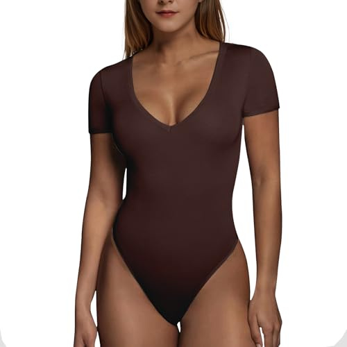 RoomTour Body Damen Elegant Kurz Bodysuit Tops Damenbody for damen Stringbody V Kragen 1-Braun XL