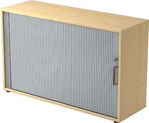 bümö Aktenschrank abschließbar mit Rollladen, Rollladenschrank für Ordner & Co. - Büroschrank mit Rollo, abschließbarer Ordnerschrank aus Holz in Ahorn/Silber mit Streifengriff