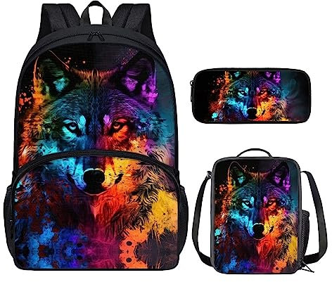 HUIACONG Paint Splash Vector Backpack for Boys Wolf Bookbag Kids School Bag Set with Insulated Lunch Box Pencil Case Lightweight Student Back Pack Primary Preschool Kindergarten Schoolbag