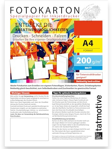 TATMOTIVE Fotopapier Fotokarton A4 200g matt Inkjet 250 Blatt | Beidseitig bedruckbar, hohe Opazität, perfekte Planlage, ideal für Einladungen und Postkarten, von Hand beschreibbar