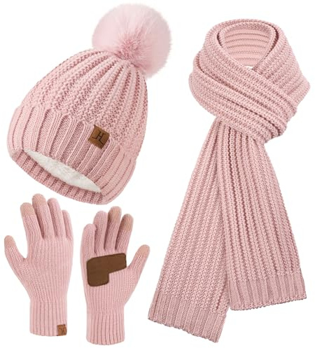Bequemer Laden Damen Winter Warm Mütze Lang Schal Touchscreen Handschuhe Set, Wintermütze Beanie Strickmütze mit Bommel Schals rutschfeste Winterhandschuhe mit Fleece Gefütterte Geschenk Frauen, Rosa