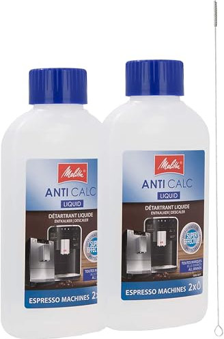 Melitta Flüssig-Entkalker für Kaffeevollautomaten und Espressomaschinen (2er-Pack) inkl. Quvido Reinigungsbürste mit 3mm Borsten