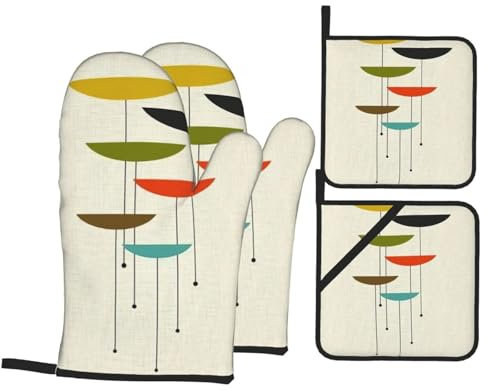 Set di 4 guanti da forno e presine con stampe moderne di metà secolo, guanti resistenti al calore per cucinare e cuocere