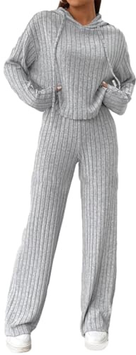 FeMereina Loungewear-Sommerset für Damen, gerippter Strick, Kapuze und weite Beine, Trainingsanzug, Freizeit-Outfits, 2 Teile