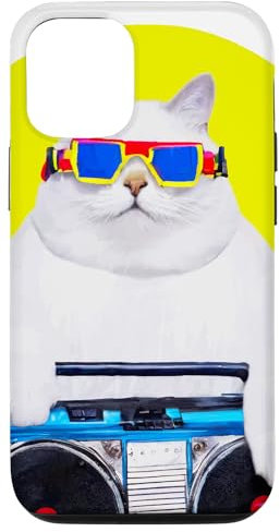 Hülle für iPhone 13 dicker weißer Kater mit Ghettoblaster im 80er Look Musik