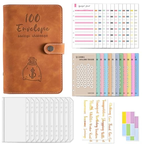 Budget Planner Deutsch Budget Planer Geld Organizer mit 100 Tage Binder Taschen Retro A6 Ringbuchordner für Finanzplaner Budget Sparen Mappe Cash Stuffing Startset Geburtstags Geschenkk (Braun)