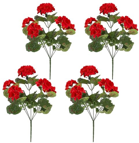 FOERPL 4 gerani artificiali da 35,6 cm, fiori rossi in seta sintetica, resistenti ai raggi UV, per piante da giardino, cespuglio, decorazione per la casa