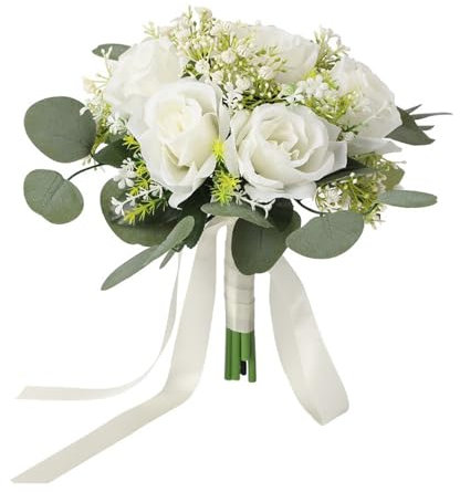 MCDSAJ 11,4 Zoll Hochzeitssträuße für die Braut, Künstlicher Rosenstrauß mit Eukalyptus-Sträußen, Romantischer, Eleganter Weißer Brautstrauß für Hochzeitsfeier, Zeremonie, Jubiläum
