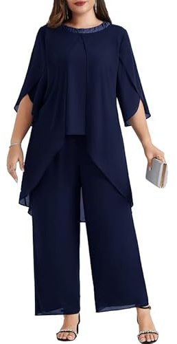 Hanna Nikole Damen GroßE GrößEn Abendanzug Chiffon Hosenanzug Elegant Zweiteiler Festliches Outfit Hochzeitsgast Festmode Cocktail Abendmode Pailletten Rundhals-Tops Und Hoch Taillierter Party Outfit