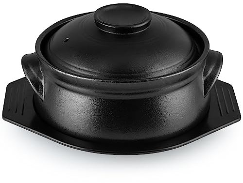 Skelang Korean Ceramic Bowl with Lid and Trivet, 1.6 L Double Handles Cooking Bowl, Sizzling Hot Pot for Dolsot Bibimbap, Rice, Noodle, Soup (Frosted Black)