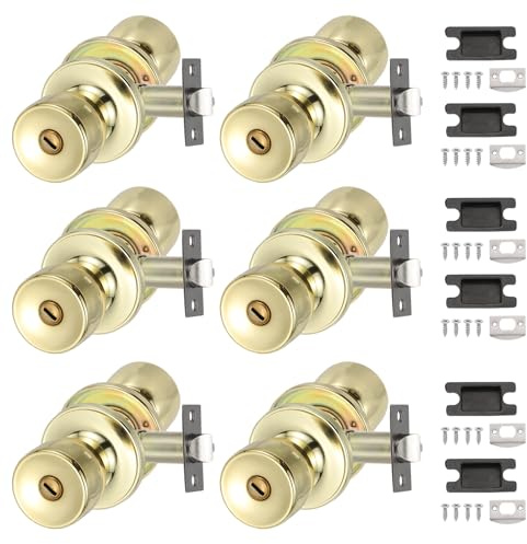 PATIKIL Privacy Keyless Door Knobs Interior, 6 Pack Round Zinc Alloy Bedroom Bathroom Door Knob with Lock Entry Indoor Outdoor Door, Gold