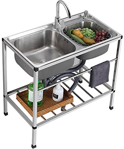 Évier de cuisine à 2 compartiments Évier de restaurant commercial Évier double en acier inoxydable Évier utilitaire sur pied Évier de cuisine industriel pour atelier intérieur extérieur avec robinet