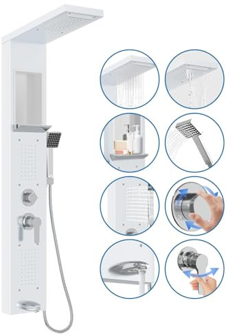 LZQ Pannello doccia in acciaio inox, sistema doccia a 5 funzioni, con doccia a pioggia, cascata, 2 getti massaggianti, doccetta e beccuccio, set doccia montato a parete (bianco)
