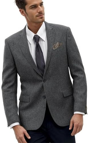 Retro Herringbone Mens Suit Blazers Tweed Casual Sport Coats Wedding Party Suits Jackets Prom Formal Tuxedo Jacket Wool Blend Slim Fit Blazer Grey M