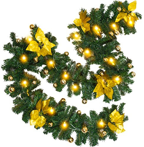 wsryx Artificial Christmas Garland, 270cm(9ft) Battery Operated Xmas Garland Wreaths Greenery with Lights, Gold and Red, Cascade Shape, Artificial Fabric