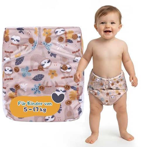 Lumina Überhose One-Size – Weiche Windelhose mit Minky Beinbündchen – Windelhöschen mit Druckknöpfen für flexible Größenanpassung – Komfortable Soffwindel für Kinder von 5–17 kg – Happy Sloth