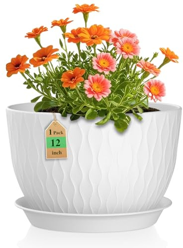 Macetas grandes de 12 pulgadas, macetas con agujeros de drenaje para plantas de jardín de interior y exterior (blanco, 12 pulgadas, 1 unidad)
