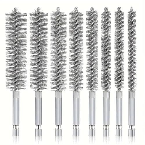 Stainless Steel Wire Bore Brushes, 8 Pcs Wire Brush for Drill with 1/4 Inch Hex Shank Pipe Cleaning Brush Copper Pipe Cleaner Twisted Wire Brush for Power Drill Impact Drivers Die Grinders