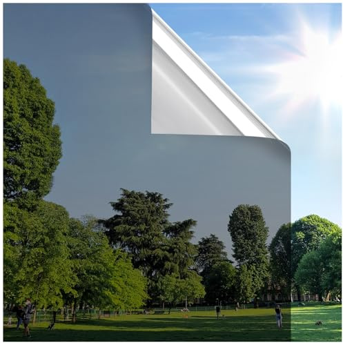 rabbitgoo Pellicola Specchio per Vetri Finestre Privacy, Adesivo Statico, Pellicola per Vetri Finestre Anti Sole, Protezione UV, Pellicole Oscurante per Casa Ufficio Negozio, 44.5x200cm, Nero Argento