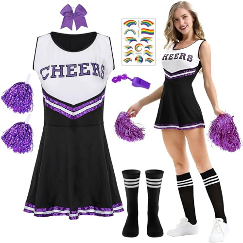 LXWINNER Cheerleader Kostüm, Cheerleader Kostüm Damen für Erwachsene, Cheerleadering Outfit mit Kleid, Pompoms,Pfeift und Socken, High School Cheerleaders Kostüms für Halloween Verkleidung Karneval