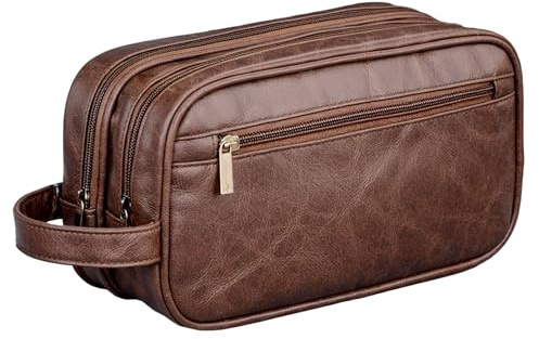 Amexo Trousse de Toilette Homme Imperméable Organisateurs de Toilettes Multifonction Sac de Toilette Voyage Trousse Maquillage Cuir pour Hommes Femmes (Brun)