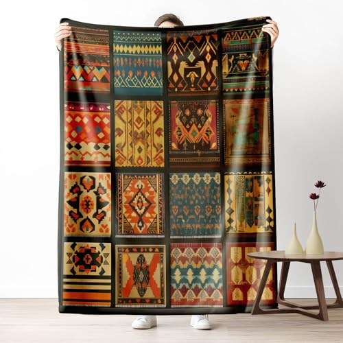 Gklnmcx Couverture en Flanelle Canapé Motif Plaid Ethnique Tribal, 180 X 220 Plaid Lavable Patchwork Vintage Boho, Décorative Couverture Doux Léger Ne Peluche Pas