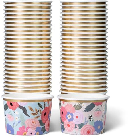 Lot de 50 Pots Glace 266 ml et Coupelles Jetables – Bols en Papier avec Motif Floral et Bord Doré – Pot à Glace Jetable, Coupelle Jetable Chaud/Froid pour Fêtes, Mariages, Desserts et Soupes