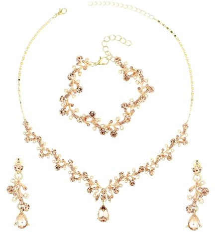 Yolev Strass Hochzeit Schmuckset Damen Brautschmuck Kristall Halskette Armband Ohrring Set Gold Braut Hochzeitsschmuck Brautjungfer Abschlussball Kostümzubehör Modeschmuck Set (Gold)