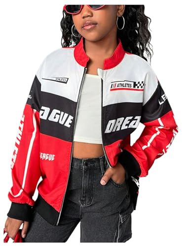 SOLY HUX Girl's Zip Up Bomber Jacket Y2k Long Sleeve Racing Motorcycle Outerwear Streetwear Red Multi 12Y