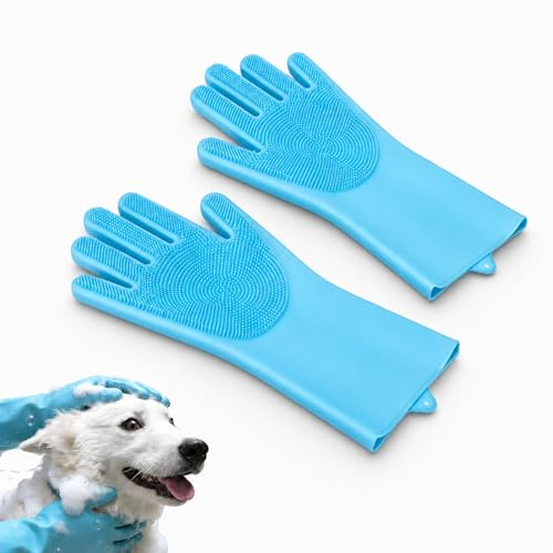 Zhowyeemeng 1 Pair Dog Washing Glove Silicone Bath Gloves Multifunction Pet Grooming Gloves for Dogs Cats' Bathing Deshedding & Massaging (Blue)