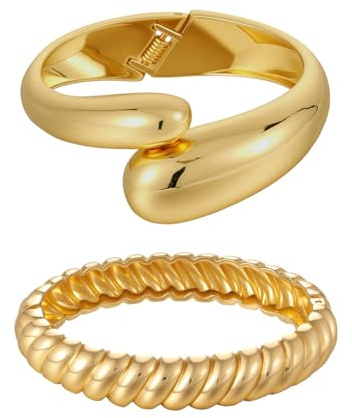 Emibele Gold Breit Manschette Armband Stack, 18K vergoldet Offener Armreif Armband, Teardrop Scharnier Handgelenk Chunky Armband Set für Frauen, Nicht Anlaufen Schmuck Geschenk, 2 Pack