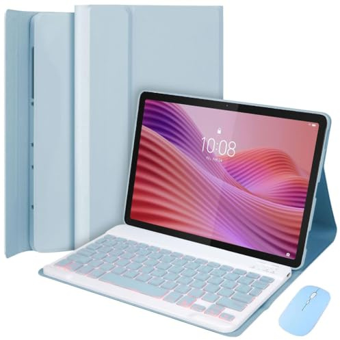 HEKUEUN Funda con Teclado para Lenovo Tab 10.1 Pulgadas Versión 2025 (TB-311FU/TB-311XU), Retroiluminación 7 Colores Español Ñ Teclado Inalámbrico Bluetooth Desmontable con Ratón,Azul