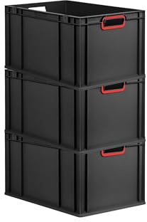 PROREGAL SuperSparSet 3x Eurobox NextGen Color | HxBxT 32x40x60cm | 65 Liter | Griffe rot offen | Verstärkter Boden | Schwarz | Eurobehälter, Transportbox, Transportbehälter, Stapelbehälter
