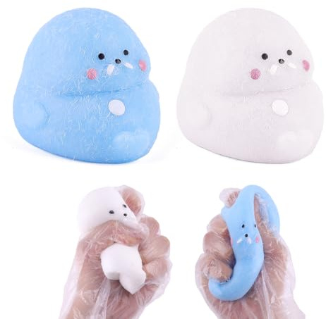 Anboor Seelöwen Squishies Spielzeuge 2er Pack – 7 cm Niedliche Weiche Tiere Quetsch-Sensorik-Fidget-Spielzeuge zur Stresslinderung, Kawaii Partygeschenke für Kinder und Erwachsene (Blau & Weiß)