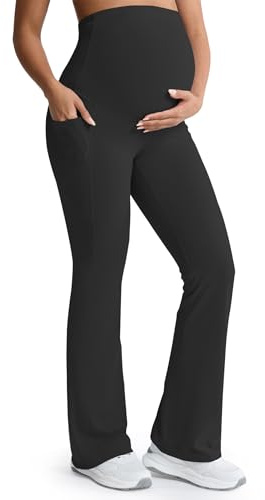 Mama Land Buttery Soft Maternity Flare Leggings Over The Belly 32/34 - Workout Yoga Pregnancy Pants with Pockets, Black, L Tall US