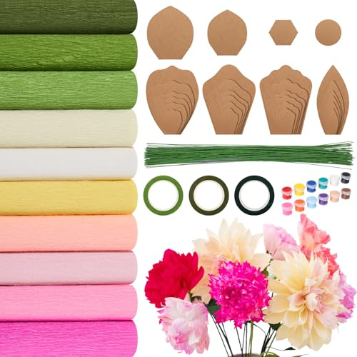 Marspark 142 Pcs Crepe Paper Flower DIY Set Template Wire, Pink | 10 Rolls Crepe Paper, 28 Petal Templates, 100 Green Wires, 3 Floral Tapes, Pigment for Party Birthday Wedding Home Decoration