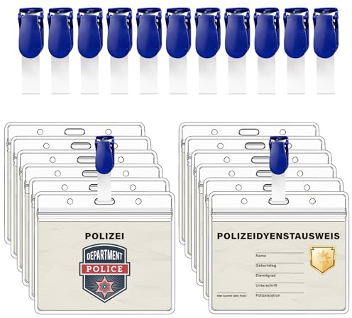 FloraVigo 12 Stück Polizei Ausweise mit Clip und Hülle，Party-Lanyard mit Polizeimotiv, Ausweis-Set für Kindergeburtstage