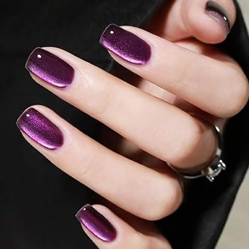 Clawrex Cat Eye Press on Nails korta, 24 stycken lila runda naglar för att klistra på kattögon, full täckning naglar med nagellim, glänsande mjuk gel falska naglar för kvinnor, konstgjord nagelkonst