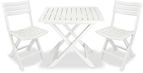 JHQHSM Klappbares Bistro-Set aus Kunststoff, 3-TLG. Gartenmöbel-Set mit 1 Tisch und 2 Stühlen in Weiß, witterungsbeständig und platzsparend