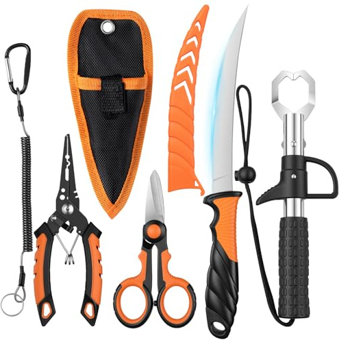 AMOJA Angelwerkzeug Set, Edelstahl Angelzange mit Halsband & Scheide, Filetiermesser, Geflochtenfaden, Schere, Fischlippengriff, Angelzubehör-Geschenkset für Männer für Salzwasser & Süßwasser (Orange)