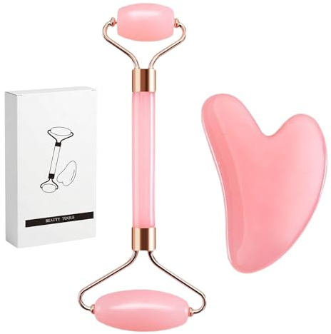 Gua Sha Set mit Gua Sha Stein und Gesichtsroller aus Rosenquarz - Für Gesichts-Massage, Reduktion von Augenringen & feinen Linien - Ideales Geschenk für Frauen